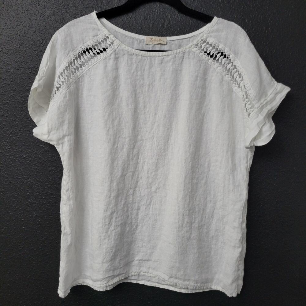 Bellambia Made in Italy Linen Top Small White Crochet Lace Blouse Vacation